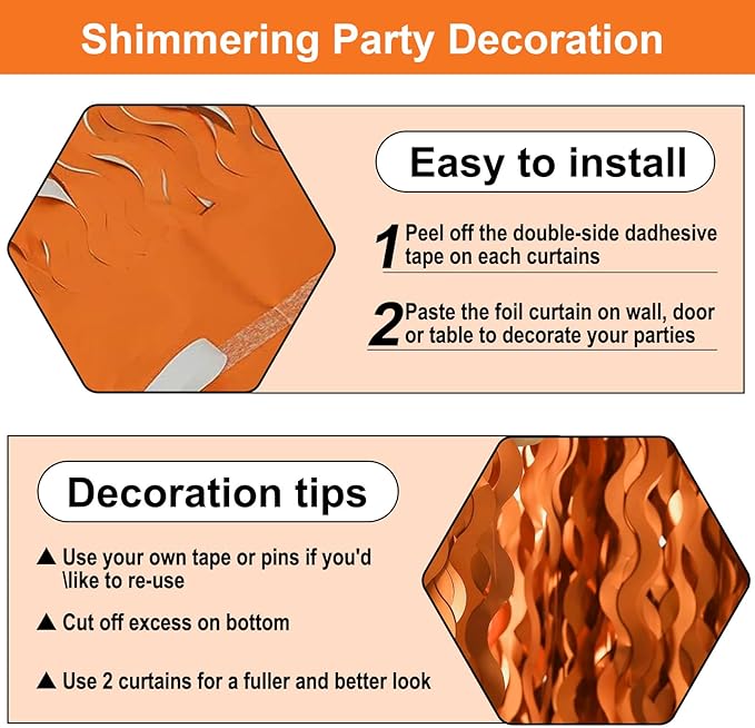 4 Pack Orange Wave Foil Fringe Curtain Backdrop, 3.28Ft x 8.2Ft Metallic Tinsel Foil Fringe Streamer Curtains for Photo Booth, Mother's Day, Easter, Birthday, Wedding Party Decoration