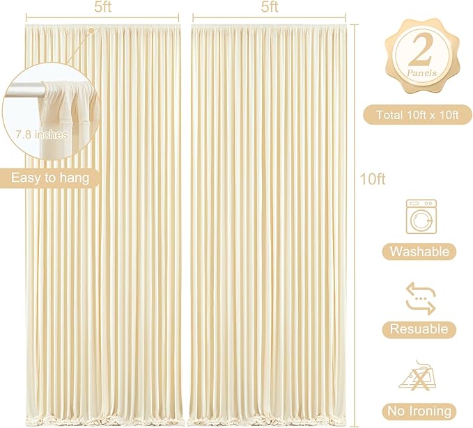 10 x 10ft Champagne Backdrop Curtains with Lights String for Wedding Polyester Photo Backdrop Drapes Wrinkle Free Long Curtains Backdrop for Birthday Parties Reception Baby Shower Ceremony-5 x 10ft 2P