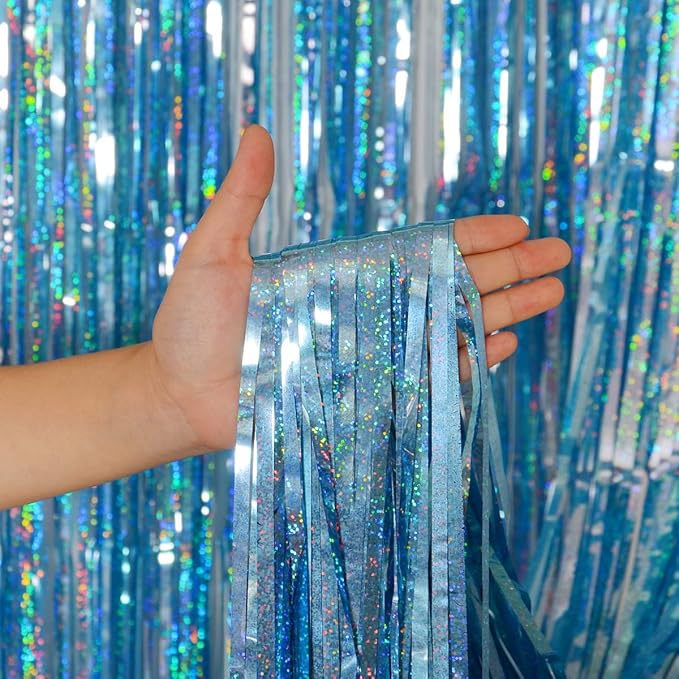 Foil Fringe Curtains Easter Decorations for Home - Melsan 3 Pack 3.2 x 8.2 ft Tinsel Curtain Party Photo Backdrop for Birthday Party Baby Shower or Graduation Decorations Light Blue