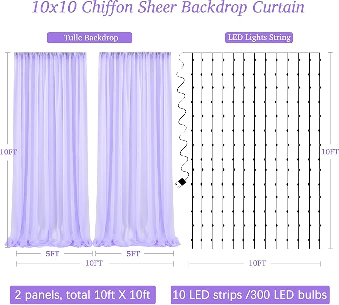 10ft x 10ft Lavender Chiffon Backdrop Curtain with Lights String for Parties,2 Panels Sheer Tulle Curtain Wedding Photo Backdrop with Lights for Baby Shower Birthday Party Ceremony Home Decorations