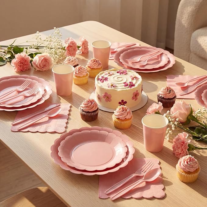 Yaomiao 168 Pcs Dusty Pink Dinnerware Sets Blush Pink Plates Round Disposable Paper Plates Cups Napkin Knife Fork Spoon Serve 24 Guests Wedding Bridal Baby Shower Princess Birthday Party Supplies