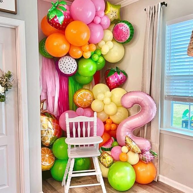 Fruit Balloon Garland Arch Kit Pink Rose Red Yellow Green Orange Balloons with Watermelon strawberry Lemon Orange Foil Balloons for Twotti Fruity Party Decorations Sweet Birthday Party