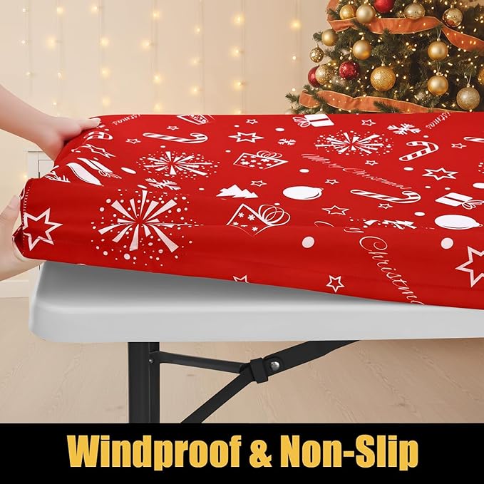 Smiry 2 Pack Rectangle Christmas Table Cloth, Waterproof Elastic Fitted Tablecloths, Washable Polyester Rectangular Patio Table Cover for Christmas Dinner (Snowflower, 30"x96")