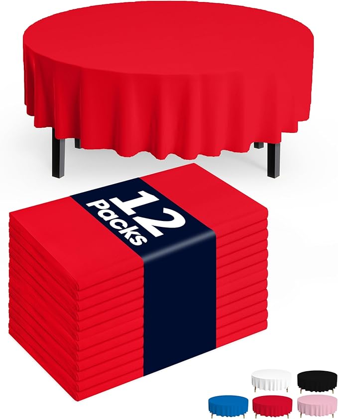 Pureegg Plastic Table Cloth Disposable 12 Pack, 84'' Round Table Cloths, Valentines Day, Thanksgiving, Christmas Decorations, Fall Tablecloths, Round, Plastic Cover, Leakproof & Sturdy, Red