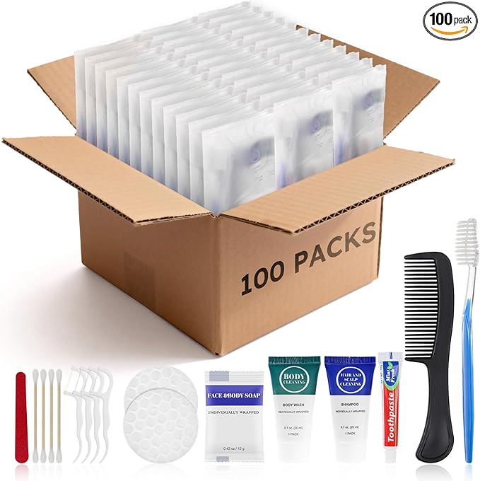 Toiletry Kits Travel Essentials Disposable Hygiene in Bulk, Trial Size Toiletries Supplies Individually Wrapped Traveling Personal Care Items, for Camping, Hotel, Homeless, Charity, 8-in-1 (100-Pack)
