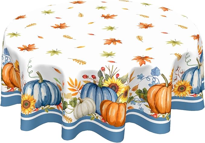 Fall Round Tablecloth 60 Inch Autumn Orange Pumpkin Outdoor Table Cloth Thanksgiving Tablecloth Maple Leaf Table Cover for Kitchen Dinner Room Holiday Party Home Decor