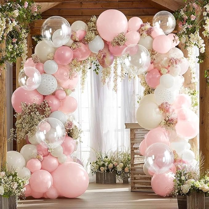 Light Pink White Balloon Arch, Double Stuffed Pastel Pink White Sand Pearl Balloon with Clear Latex Balloon for Baby Shower Birthday Bridal Mother’s Day Party Decorations