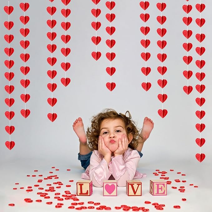 Valentines Day Party-Decorations Red Heart Garland - 39Ft 3D Special Night Galentines Hanging Paper Streamers Banner,Baby Girl Birthday Bachelorette Engagement Mohters Brunch Decor Ouruola