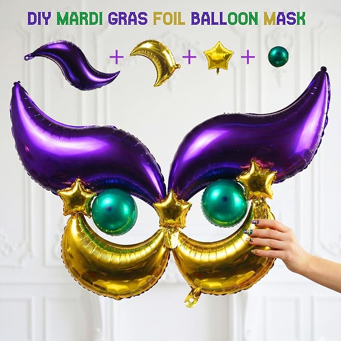 Mardi balloon garland arch kit Purple green gold with Fringe Curtain DIY Mask star Crown and Mask Balloons for Gorgeous Funny Grand Fat Tuesday Party decorations