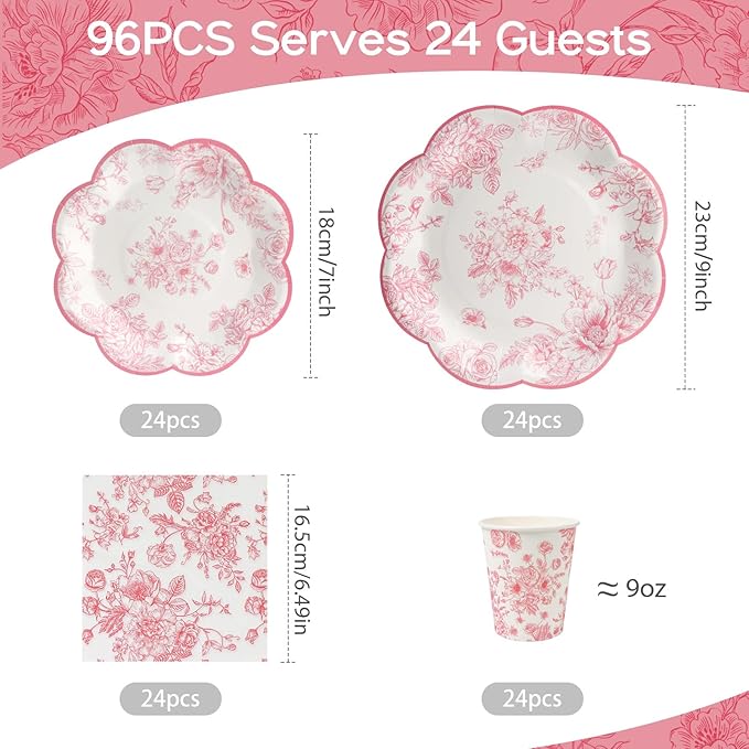 96pcs Pink Party Plates - Pink Flower Paper Plates, Cups and Napkins Spring Graden Dessert Plates for 24 Guests Party Table Supplies for Tea Party Baby Shower Brial Shower Birthday Wedding