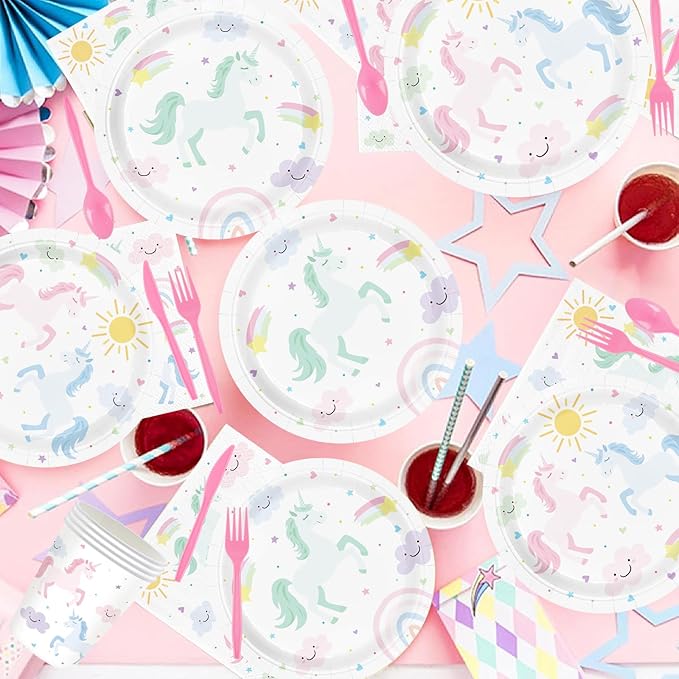 Unicorn Birthday Party Supplies for 24 Guests, Magical Pastel Theme Tableware Set Includes Disposable Paper Plates, Napkins, Cups, Cutlery, Unicorn Birthday Decorations for Girls