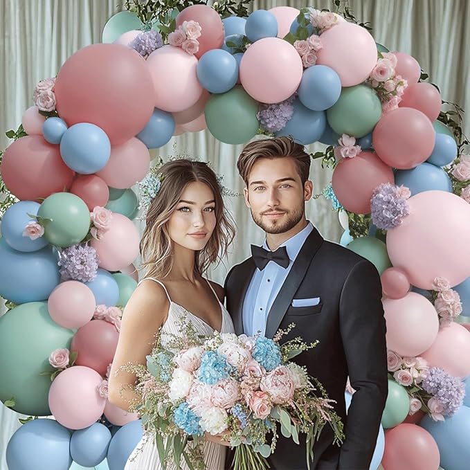 Pink Blue Green Balloons Garland Kit, Double Stuffed Dusty Green Light Blue Blush Dusty Pink Mauve Pastel Balloon Arch Kit for Birthday Gender Reveal Fairy Floral Easter Party Decor