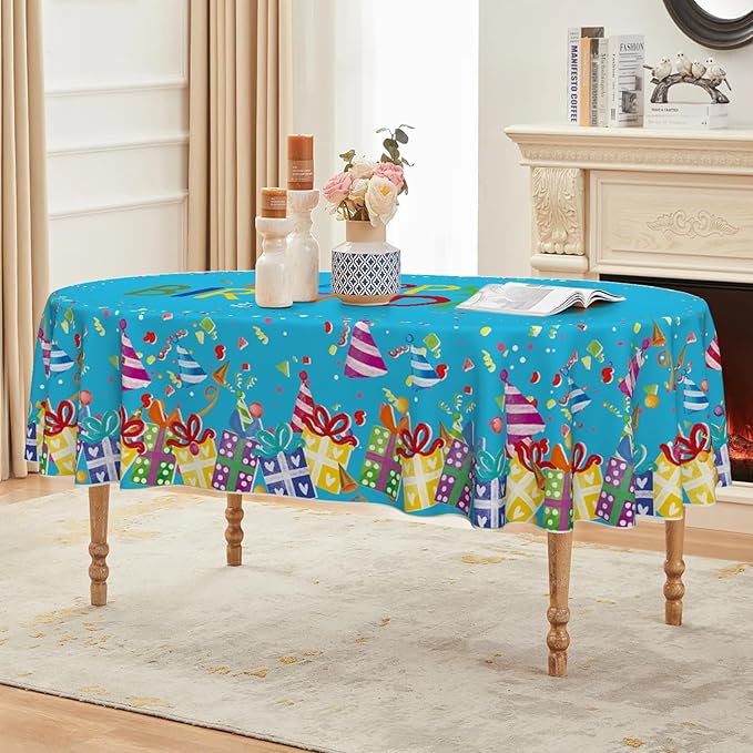 Horaldaily Birthday Tablecloth 60x84 Inch Oval, Happy Birthday Ballon Blue Washable Seasonal Table Cover for Party Picnic Dinner Decor