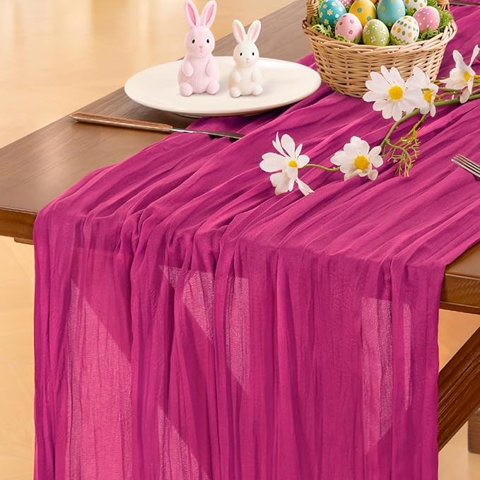 Socomi Fuschia Spring Easter Cheesecloth Table Runner Hot Pink Boho Rustic Gauze 120 inch 10FT Cheese Cloth Runner for Wedding Party Baby Shower Birthday Home Decor