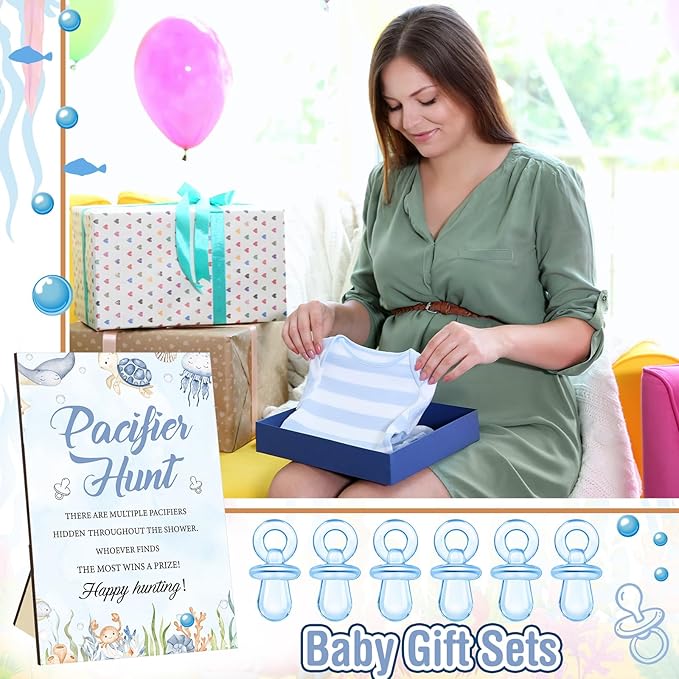 Thyle 51 Pcs Under The Sea Pacifier Hunt Baby Shower Games Include Hunt Sign and 50 Acrylic Pacifiers for Ocean Animal Baby Shower Game Decoration Sets Gender Reveal Newborn Announcement Party Decor