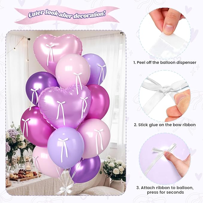 16Pcs Pink and Purple Heart Balloons, 38 Inch Bow Balloons, Metallic Pink Purple Latex Balloon Foil Balloon with Bow Ribbons for Girls Women Birthday Wedding Bridal Baby Shower Valentines Decorations