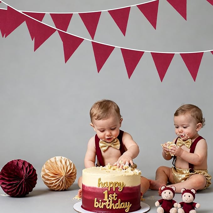 46Ft Burgundy Party Decorations Burgundy Burlap Banner Triangle Pennant Flag Linen Bunting Garland Streamers for Vintage Birthday Wedding Baby Shower Engagement Graduation Party Decorations