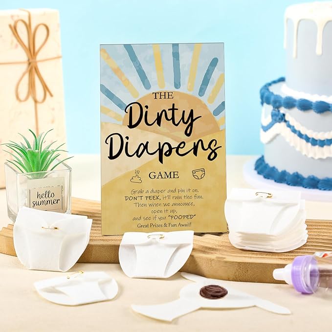 Roowest 51 Pcs Dirty Diaper Baby Shower Games Funny Wooden Sign with 50 Pcs Mini Diapers Cute Felt for Gender Reveal Party Baby Shower (Sun)
