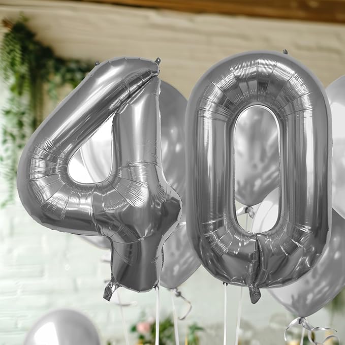 40 Inch Large Number Celebration and Decoration Balloon for Birthday Parties, Graduations, Anniversaries, Weddings, Photo Shoots, Special Events - Helium Foil Mylar (Silver Number 40)