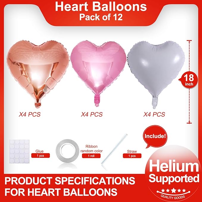 Rose Gold Heart Shaped balloons Pack of 12,18 Inch White Love Valentine Balloons Pink Heart Romantic Balloons For Valentines Day Propose Marriage Wedding Bridal Shower Engagement Party Decorations