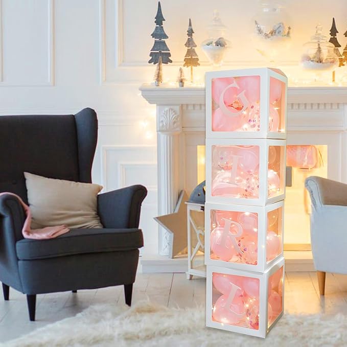 Uptotop Baby Shower Decorations Clear Balloon Blocks with Fairy String Lights, 4 Pack Transparent Balloon Boxes Including 30 Letters, 4 Warm White Fairy Lights & 36 Latex Balloons, Pink