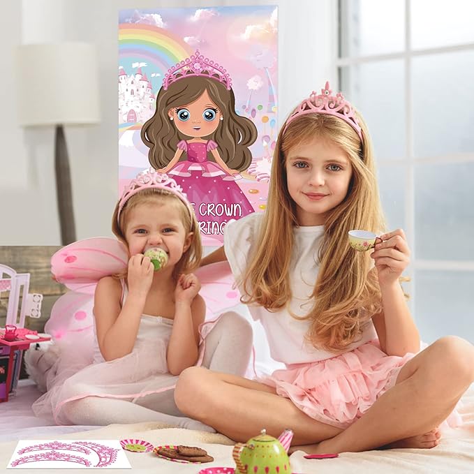 Hooqict Pin The Crown on The Princess Party Games for Kids Girls Princess Birthday Party Decorations Tea Party Favors Supplies, Large Pin The Tail Games Poster with 24 Crown Stickers