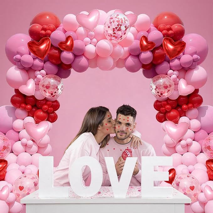 Valentine's Day Balloons Garland Arch Kit, 127Pcs Pink Red Rose Red Balloon with Red Pink Heart Foil Balloon for Valentine's Day Galentines Mother's Day Wedding Engagement Anniversary Party Decoration