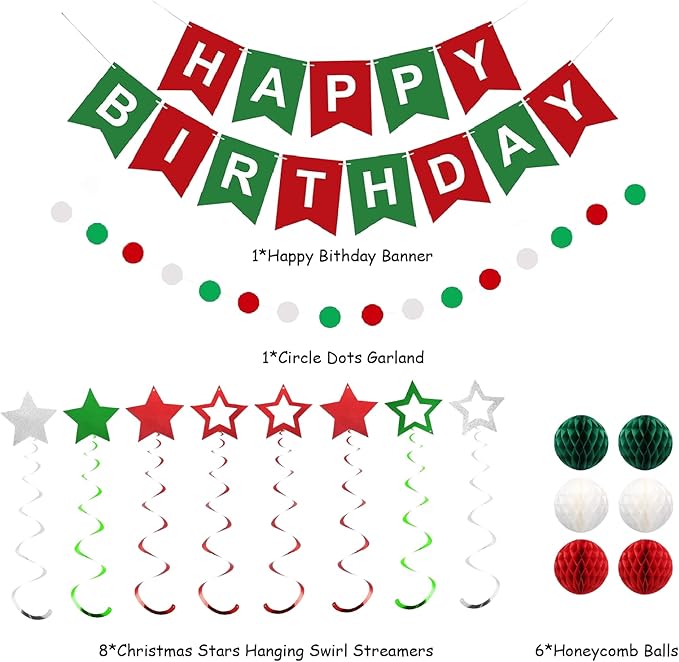 Red Green and White Birthday Decorations,Happy Birthday Banner with Honeycomb-Style Decorative Balls,Feet Circle Dot Garland,Stars Swirls Streamers,Happy Birthday Decorations for Women Men Girls Boys