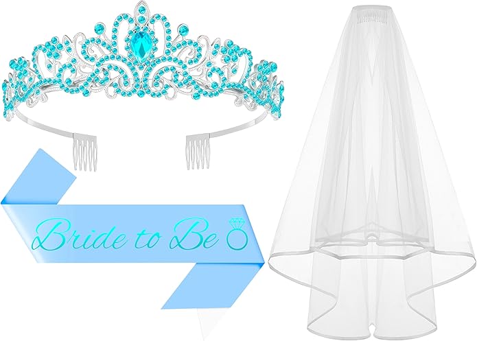 3Pcs Bride to Be Crown with Sash and Veil for Bachelorette Party Decorations, Bridal Shower Accessories for Gift, Favors