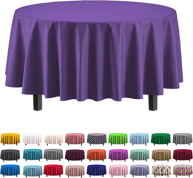 Exquisite Party Solids 6-Pack Premium Plastic Tablecloth 84in. Round Plastic Table Cover - Purple