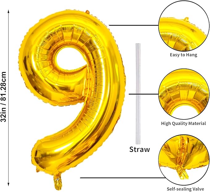 32 In Gold Large Numbers Balloons 0-9, Self Inflating Number 9 Balloons for Boys Girls, Big Gold Digit 9 Balloons for Women Men Birthday Party Anniversary Wedding Supplies Decorations