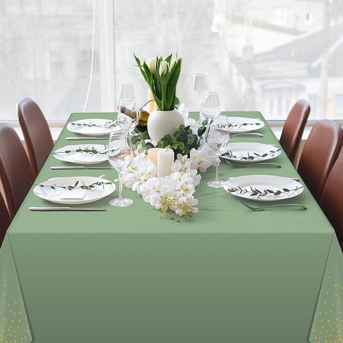 6 Pack Sage Green and Gold Plastic Tablecloth, Green Disposable Table Cloth for Rectangle Tables, Gold Stamping Dot Light Green Tablecloth for Baby Shower Birthday Wedding Party Decorations, 54"x108"