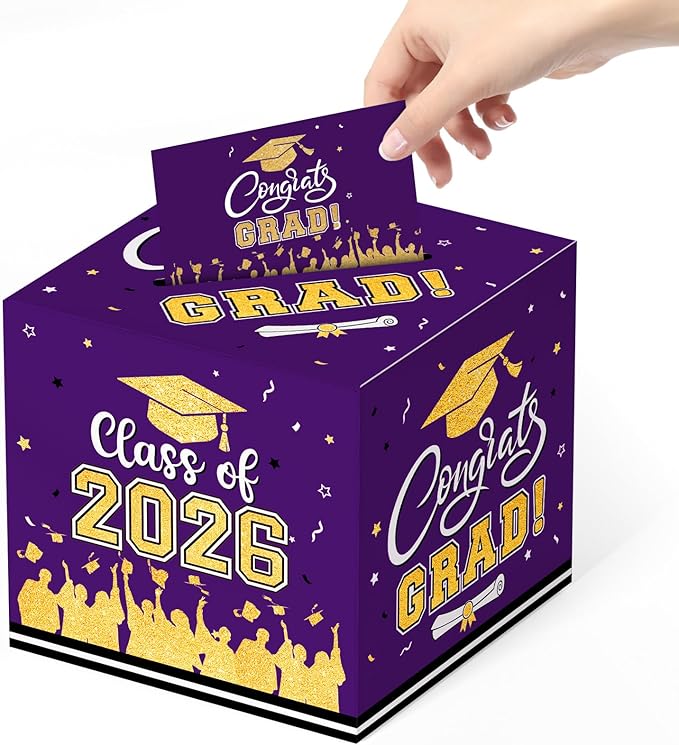 Graduation Card Box 2026 - Congrats Grad Card Boxes Holder, Purple and Gold Class of 2026 Graduation Gift Cards Box for Graduation Party Decorations 2026 Favors Decor Supplies Props,9x 9 x 9 inches
