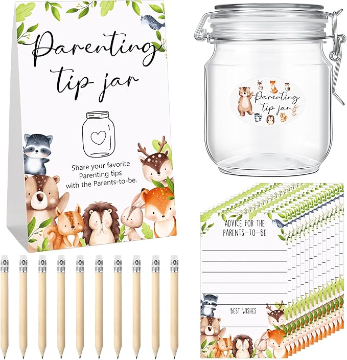 Roowest Baby Shower to Baby Advice Cards for New Parents to Be - Tip Jar Sign for New Parents 60 Parenting Advice Cards 10 HB Pencils 2 Cute Stickers 1 Pet Bottle for Guests Games(Woodland)