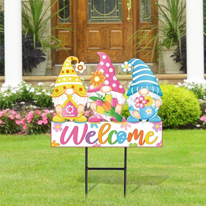 JarThenaAMCS Spring Metal Garden Stakes Colorful Flower Gnome Decorative Lawn Sign Welcome Yard Sign for Home Outside Lawn Porch Walkway Decor