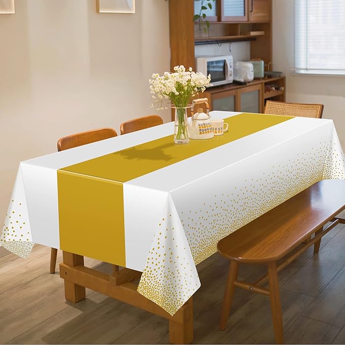 OHOME 8 Pack Disposable Plastic Table Cloths for Parties,White and Gold Dot Rectangle Table Covers for Wedding Birthday Baby Shower BBQ First Communion Decorations 54" x 108"