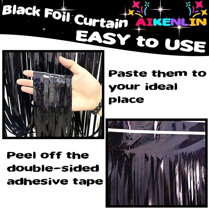 4 Pack 3.2Ft x 8.2Ft Black Foil Fringe Curtain Backdrop, Metallic Tinsel Foil Fringe Streamers Curtains Background for Photo Booth, Birthday, Wedding, Disco, Bachelorette, Christmas Party Decoration