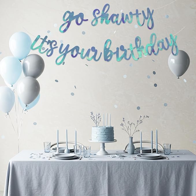 BEISHIDA Go Shawty It's Your Birthday Banner NO DIY Hip Hop Theme Happy Birthday Banner Pre-Strung Rap Theme Happy Birthday Sign for Man Women birthday Party Supply Double-Sided Rainbow Blue