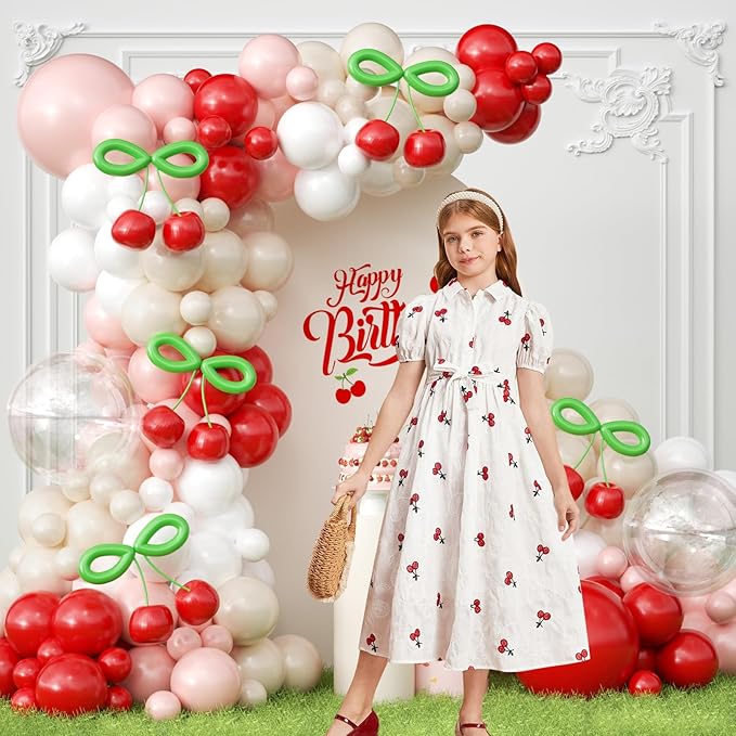 JOGAMS Cherry Balloon Arch Kit,193Pcs Cherry Party Decorations with Clear Red Pink White Sand Balloons for Cherry On Top Baby Shower Birthday Bridal Shower Wedding Valentine's Galentine's Day