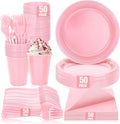 Pink Plastic Party Plates Set, Disposable Light Pink Plates and Napkins for Party, 50 of Each 9" Dinner Plate, Napkins, Cups & Cutlery Plastic Party Supplies for Birthday, Baby Shower, Wedding