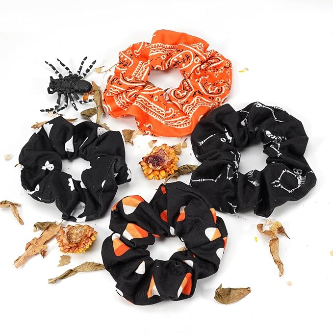 Halloween Hair Scrunchies for Women Girls Ghost Skeleton Candy Skull Hair Ties Fall Orange Bandana Hair Tie Halloween Party Gifts Elastics Scrunchy Hair Accessories