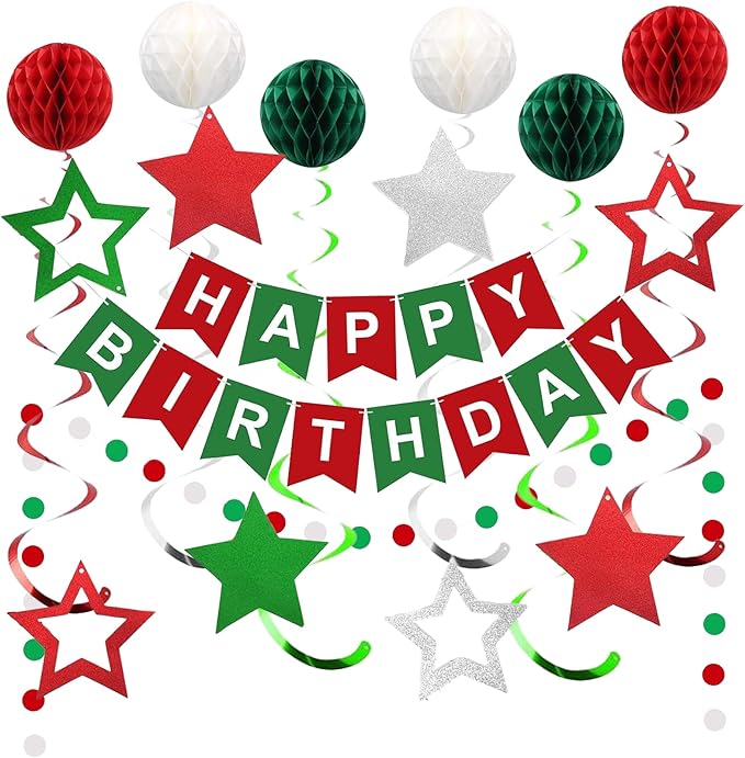 Red Green and White Birthday Decorations,Happy Birthday Banner with Honeycomb-Style Decorative Balls,Feet Circle Dot Garland,Stars Swirls Streamers,Happy Birthday Decorations for Women Men Girls Boys