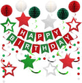 Red Green and White Birthday Decorations,Happy Birthday Banner with Honeycomb-Style Decorative Balls,Feet Circle Dot Garland,Stars Swirls Streamers,Happy Birthday Decorations for Women Men Girls Boys