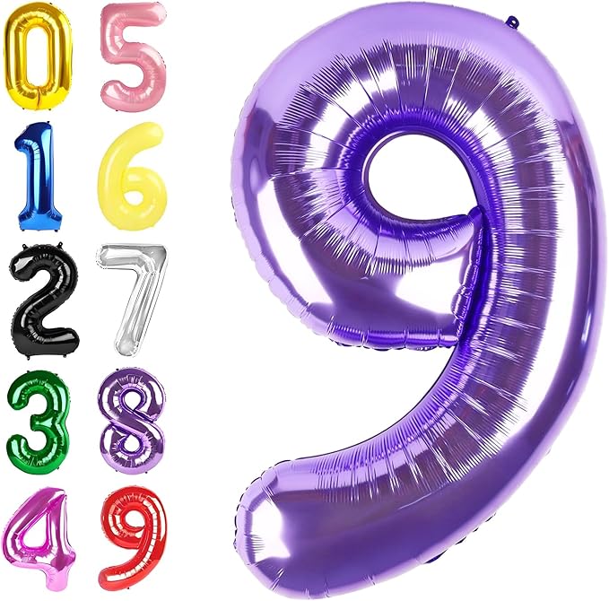 Purple 9 Birthday Balloon, Large 40 Inch Happy 9 19 29 90 Birthday for Men And Women, Foil Balloons Decoratins for Wedding Anniversary, Single, New Year, Halloween Party Syupplies