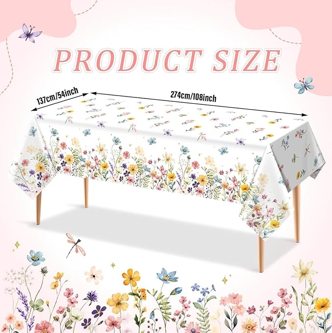 3 Pieces Wildflower Tablecloths Spring Floral Baby Shower Birthday Tablecover Plastic Disposable Rectangle Table Covers for Spring Summer Picnic Wedding Tea Party