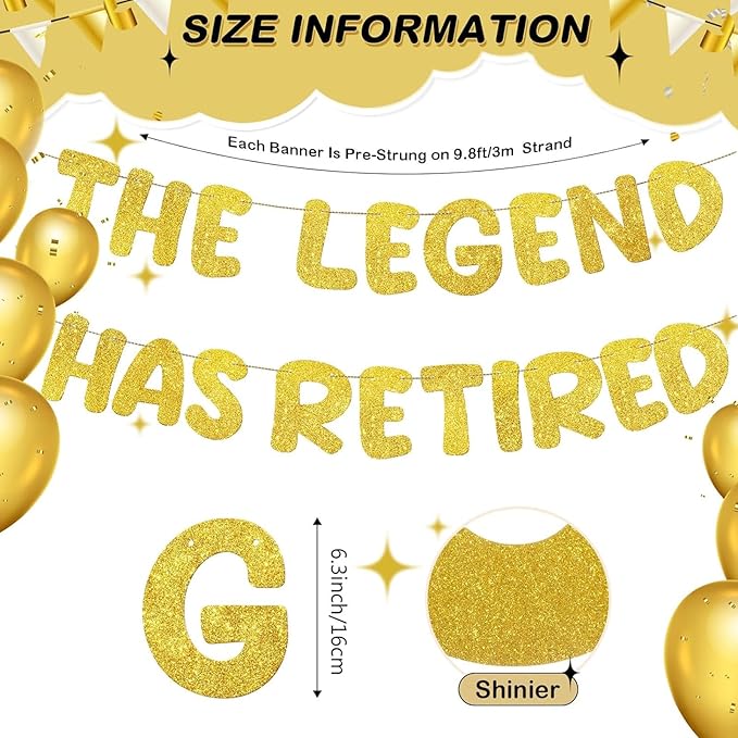 Fulmoon Pre Strung the Legend Has Retired Glitter Banner 9.8 ft Retirement Banner Retirement Party Decorations Garland Bunting for Men Women Gifts, No DIY(Gold)