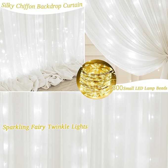 10ft x 10ft White Chiffon Backdrop Curtain with Lights String for Parties,2 Panels Sheer Tulle Curtain Wedding Backdrop with Lights for Baby Shower Birthday Party Ceremony Reception Home Decorations