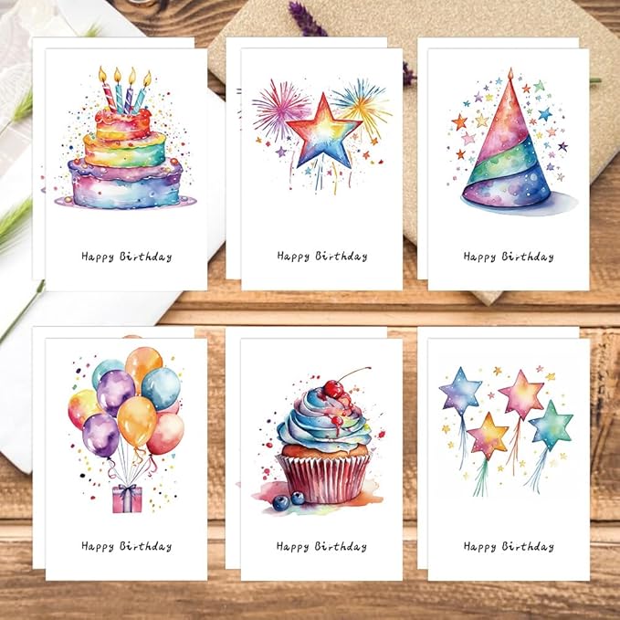Birthday Cards Pack of 12,Birthday Cards Bulk for Women Men Kids Assorted Birthday Greeting Cards for Kids Assortment, 12 Card with Envelopes (Cartoon cake)