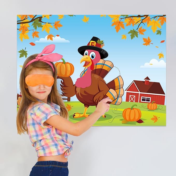 Pin The Tail on The Turkey Party Game with 24 PCS Tails for Kids Thanksgiving Fall Family School Games Activities
