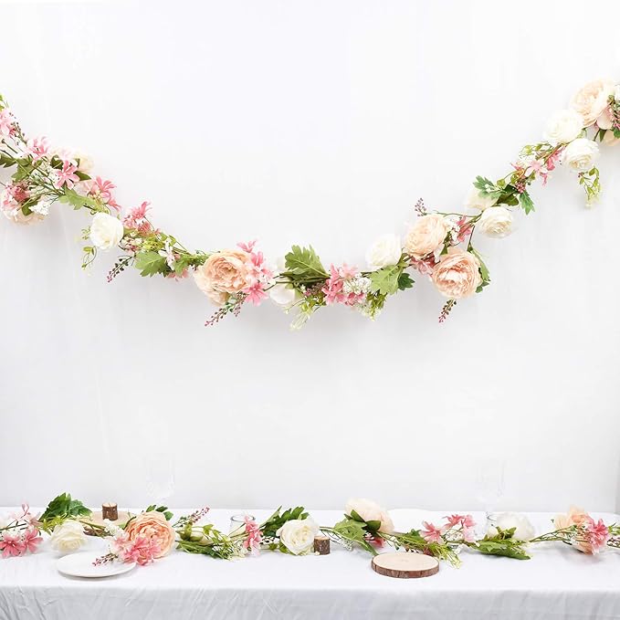 Lvydec Artificial Peony Flower Garland - 6ft Silk Peony Garland with Champagne and White Flowers for Wedding Party Table Decoration